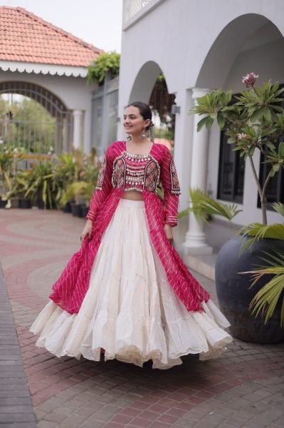 Captivating Cream Pink Designer Kora Cotton Lehenga Kurti Set with Kutchi Patchwork Navratri Lehnega Choli