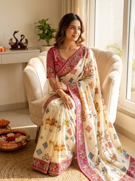 Captivating Cream Printed Chinnon Silk Saree with Sequins Embroidered Banglori Blouse Silk Sarees Wholesale