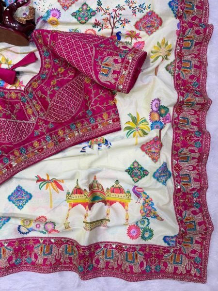 Captivating Cream Printed Chinnon Silk Saree with Sequins Embroidered Banglori Blouse Silk Sarees Wholesale
