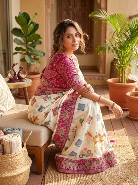 Captivating Cream Printed Chinnon Silk Saree with Sequins Embroidered Banglori Blouse Silk Sarees Wholesale
