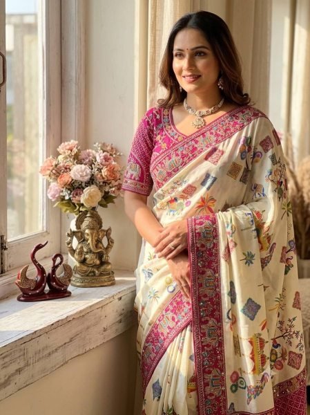 Captivating Cream Printed Chinnon Silk Saree with Sequins Embroidered Banglori Blouse Silk Sarees Wholesale