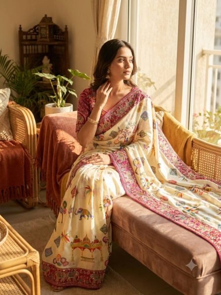 Captivating Cream Printed Chinnon Silk Saree with Sequins Embroidered Banglori Blouse Silk Sarees Wholesale