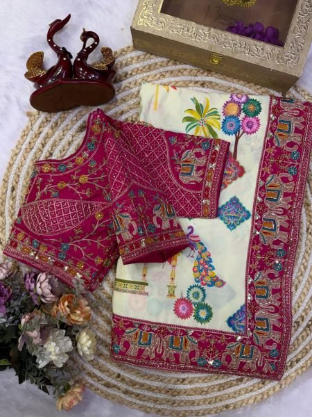 Captivating Cream Printed Chinnon Silk Saree with Sequins Embroidered Banglori Blouse Silk Sarees Wholesale