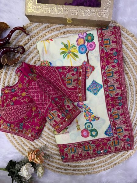 Captivating Cream Printed Chinnon Silk Saree with Sequins Embroidered Banglori Blouse Silk Sarees Wholesale