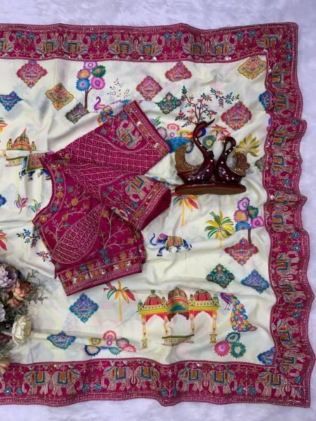 Captivating Cream Printed Chinnon Silk Saree with Sequins Embroidered Banglori Blouse Silk Sarees Wholesale