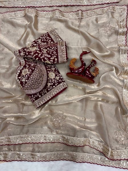 Captivating Cream Women Soft Frendy Satin Saree with Designer Corset Blouse Designer Wedding Sarees Wholesale