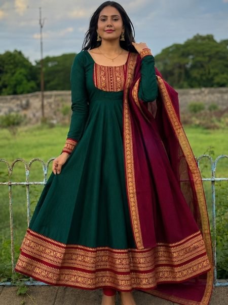 Captivating Dark Green Party Wear Cotton Chanderi Anarkali Gown for Women Kurtis