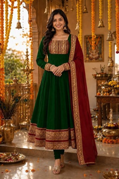 Captivating Dark Green Party Wear Cotton Chanderi Anarkali Gown for Women Anarkali Kurtis 