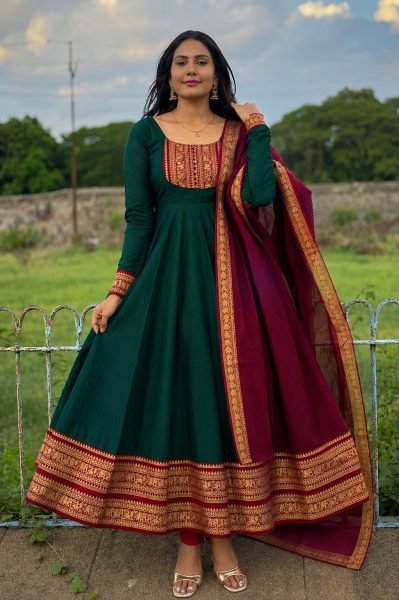 Captivating Dark Green Party Wear Cotton Chanderi Anarkali Gown for Women Anarkali Kurtis 