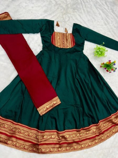 Captivating Dark Green Party Wear Cotton Chanderi Anarkali Gown for Women Anarkali Kurtis 