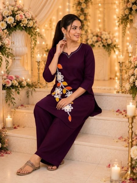 Captivating Dark Purple Heavy Cotton Embroidered Two Piece Co Ord Set CO ORD Sets