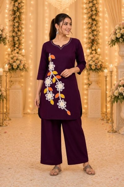Captivating Dark Purple Heavy Cotton Embroidered Two Piece Co Ord Set CO ORD Sets