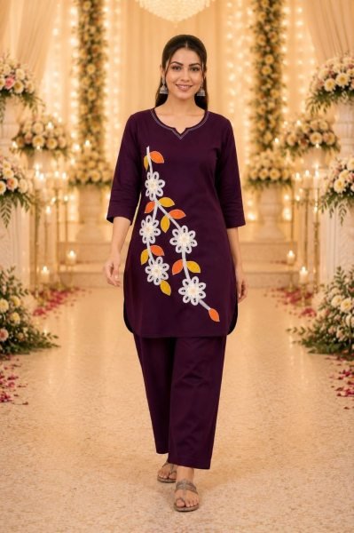 Captivating Dark Purple Heavy Cotton Embroidered Two Piece Co Ord Set CO ORD Sets