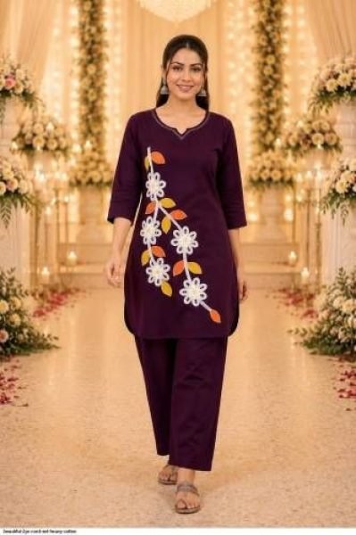 Captivating Dark Purple Heavy Cotton Embroidered Two Piece Co Ord Set CO ORD Sets
