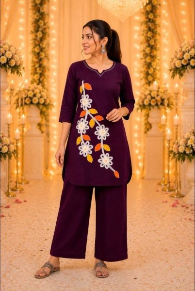 Captivating Dark Purple Heavy Cotton Embroidered Two Piece Co Ord Set CO ORD Sets