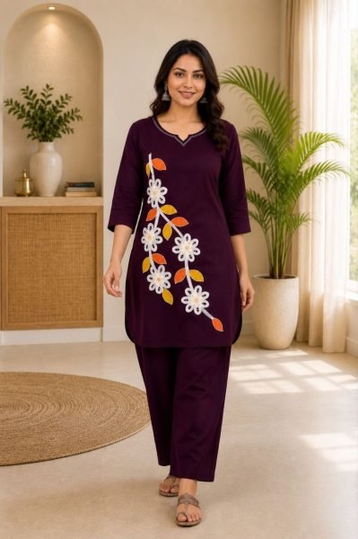 Captivating Dark Purple Heavy Cotton Embroidered Two Piece Co Ord Set CO ORD Sets
