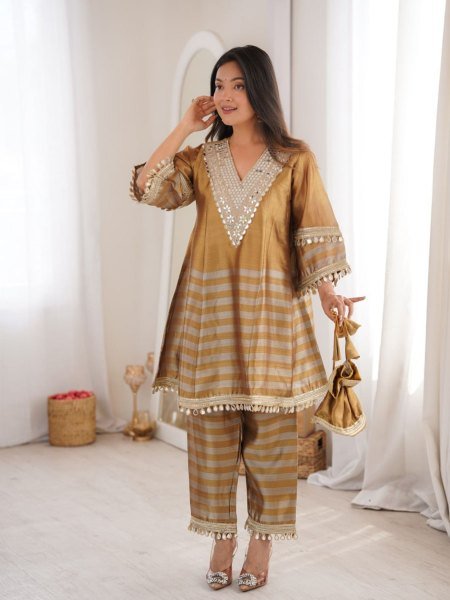 Captivating Golden Grey Tissue Fabric Top Bottom Set with Batwa at Manufacturer Rate Ready To Wear Suit