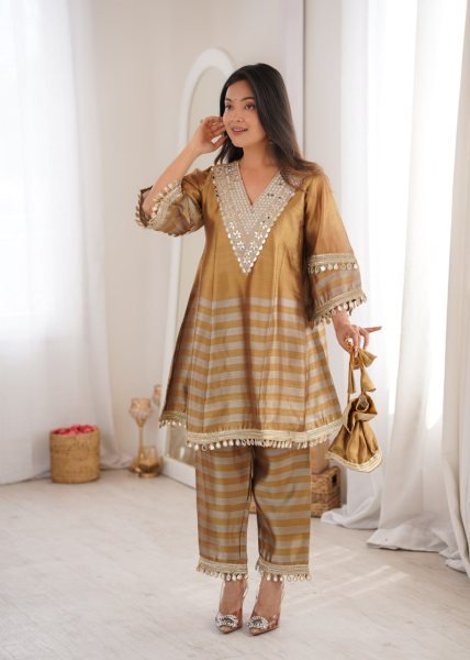 Captivating Golden Grey Tissue Fabric Top Bottom Set with Batwa at Manufacturer Rate Ready To Wear Collection