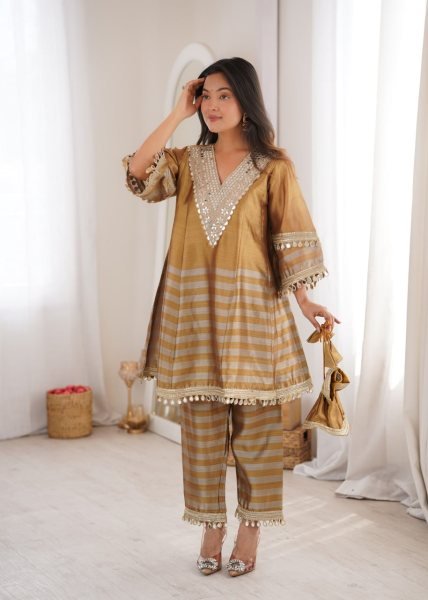 Captivating Golden Grey Tissue Fabric Top Bottom Set with Batwa at Manufacturer Rate Ready To Wear Collection