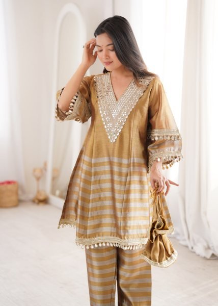 Captivating Golden Grey Tissue Fabric Top Bottom Set with Batwa at Manufacturer Rate Ready To Wear Collection