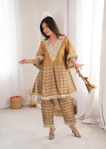 Captivating Golden Grey Tissue Fabric Top Bottom Set with Batwa at Manufacturer Rate Ready To Wear Collection