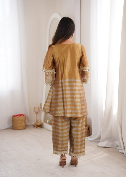 Captivating Golden Grey Tissue Fabric Top Bottom Set with Batwa at Manufacturer Rate Ready To Wear Collection