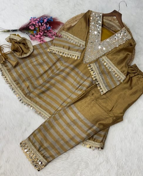 Captivating Golden Grey Tissue Fabric Top Bottom Set with Batwa at Manufacturer Rate Ready To Wear Collection