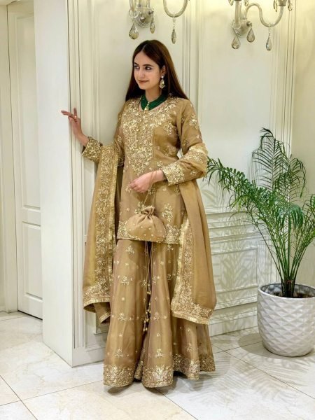 Captivating Golden NC Moss Silk Palazzo Set with Sequence And Rivet Moti Work For Women 