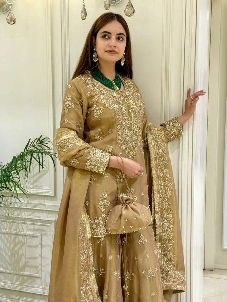 Captivating Golden NC Moss Silk Palazzo Set with Sequence And Rivet Moti Work For Women Ready To Wear Collection