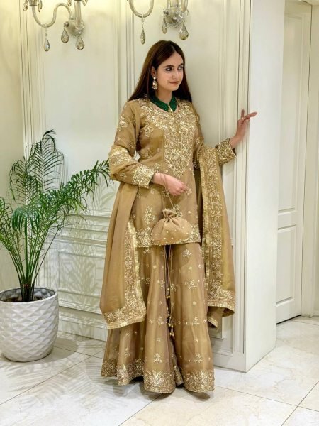 Captivating Golden NC Moss Silk Palazzo Set with Sequence And Rivet Moti Work For Women Ready To Wear Collection