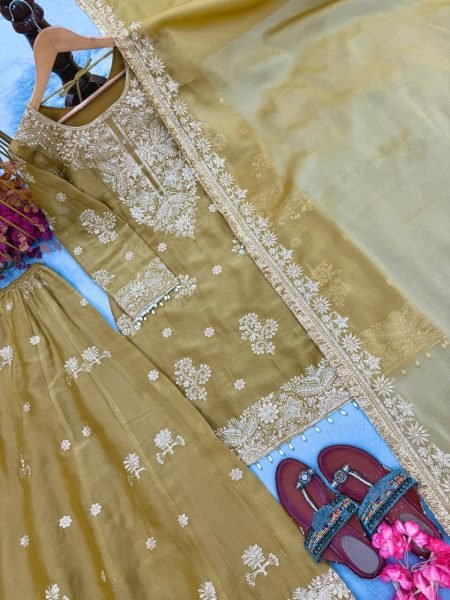 Captivating Golden NC Moss Silk Palazzo Set with Sequence And Rivet Moti Work For Women Ready To Wear Collection