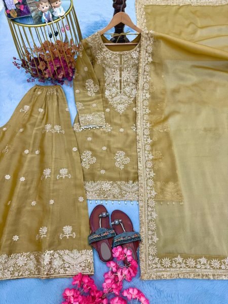 Captivating Golden NC Moss Silk Palazzo Set with Sequence And Rivet Moti Work For Women Ready To Wear Collection