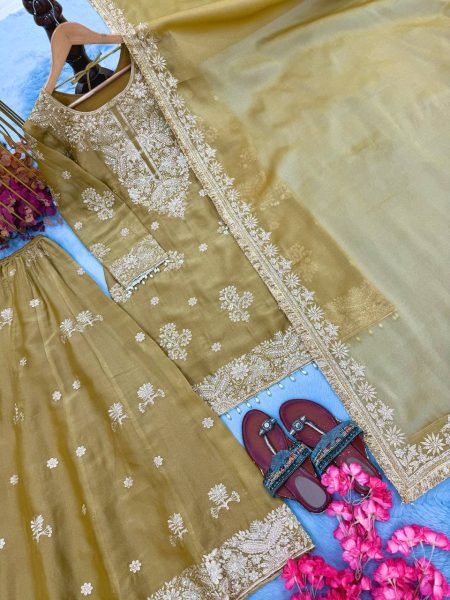 Captivating Golden NC Moss Silk Palazzo Set with Sequence And Rivet Moti Work For Women Ready To Wear Collection