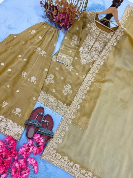 Captivating Golden NC Moss Silk Palazzo Set with Sequence And Rivet Moti Work For Women Ready To Wear Collection