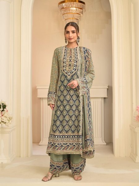 Captivating Green Natural Crepe Silk Printed Kurti Palazzo Dupatta Set with Aari Work 