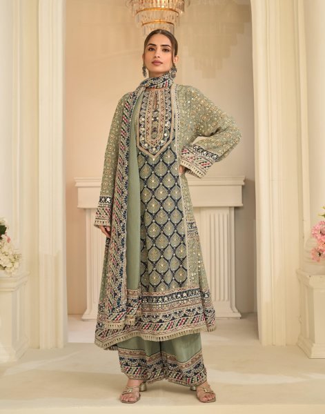 Captivating Green Natural Crepe Silk Printed Kurti Palazzo Dupatta Set with Aari Work Designer Plazzo Salwar Suits Wholesale