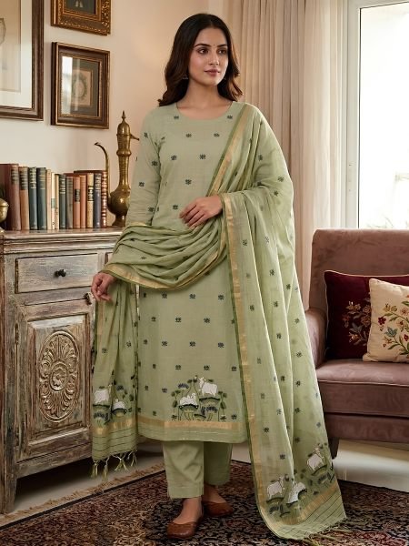 Captivating Green Pichwai Weaving Salwar Suit Dress Material with Dupatta for Daily Wear Dress Material 