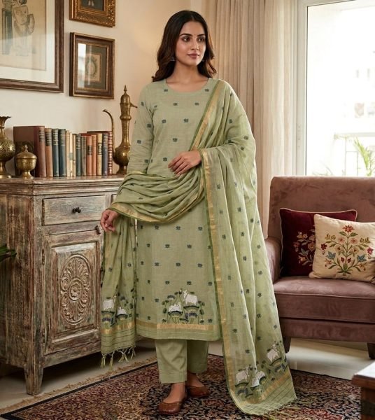 Captivating Green Pichwai Weaving Salwar Suit Dress Material with Dupatta for Daily Wear Color Set Matching Dress Material Wholesale
