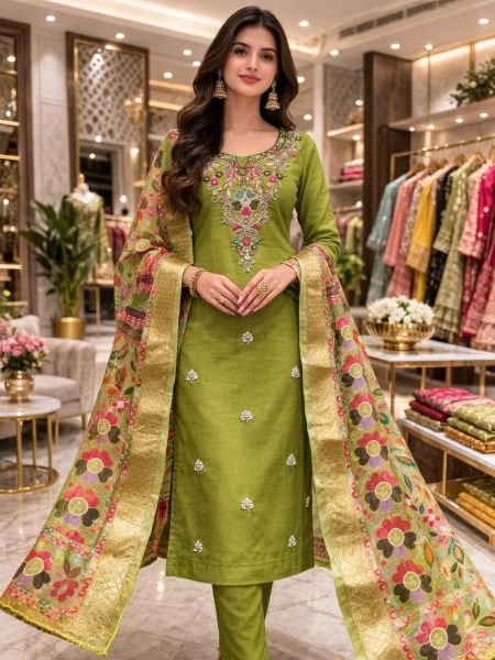 Captivating Green Roman Silk Moti Sequins Bead Work 3 Piece Suit Set at Wholesale Rate Dress Material 