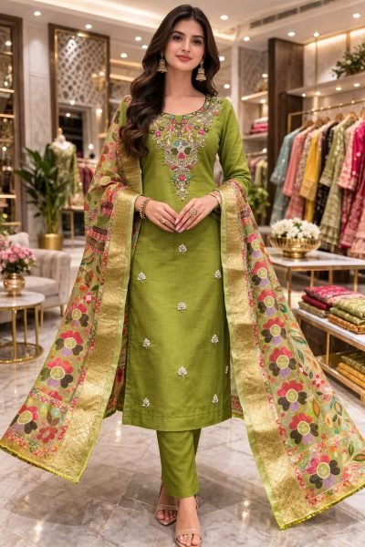 Captivating Green Roman Silk Moti Sequins Bead Work 3 Piece Suit Set at Wholesale Rate Color Set Matching Dress Material Wholesale