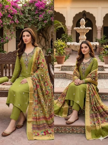 Captivating Green Roman Silk Moti Sequins Bead Work 3 Piece Suit Set at Wholesale Rate Color Set Matching Dress Material Wholesale