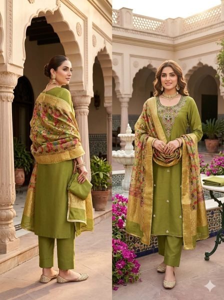 Captivating Green Roman Silk Moti Sequins Bead Work 3 Piece Suit Set at Wholesale Rate Color Set Matching Dress Material Wholesale