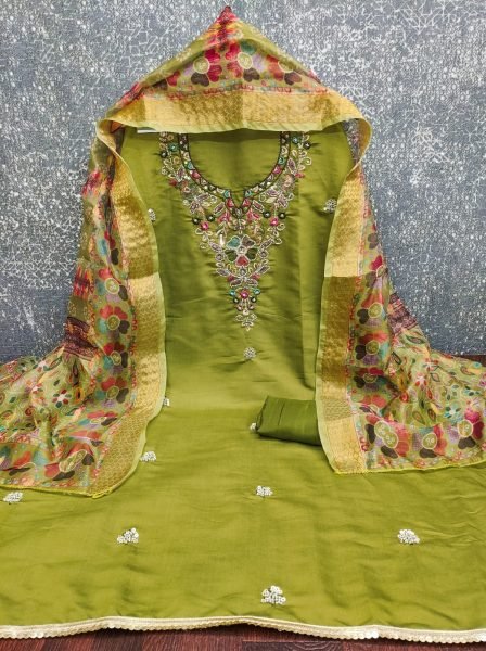 Captivating Green Roman Silk Moti Sequins Bead Work 3 Piece Suit Set at Wholesale Rate Color Set Matching Dress Material Wholesale