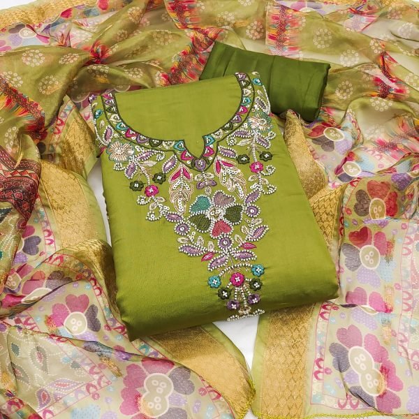 Captivating Green Roman Silk Moti Sequins Bead Work 3 Piece Suit Set at Wholesale Rate Color Set Matching Dress Material Wholesale