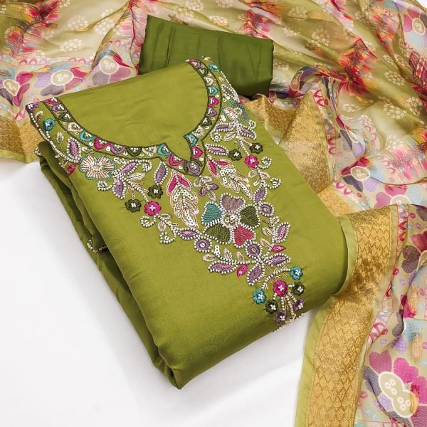 Captivating Green Roman Silk Moti Sequins Bead Work 3 Piece Suit Set at Wholesale Rate Color Set Matching Dress Material Wholesale