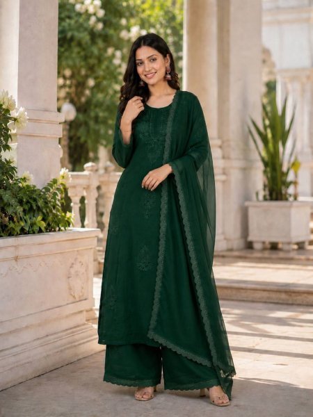 Captivating Green Women s Fox Blooming Georgette Top Palazzo Set Plain With Border Lace Ready To Wear Suit