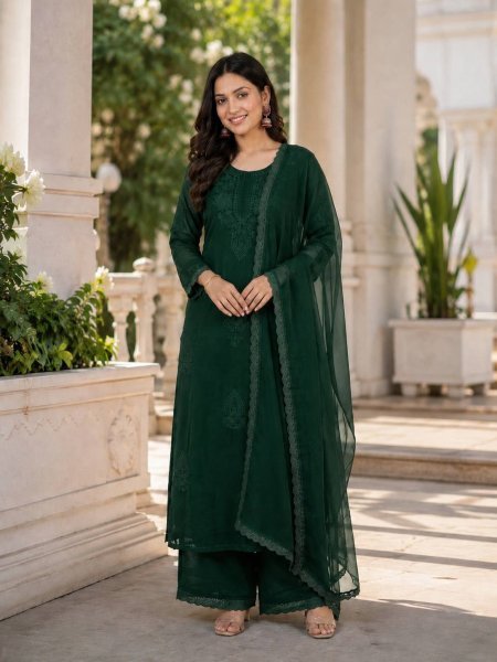 Captivating Green Women s Fox Blooming Georgette Top Palazzo Set Plain With Border Lace Ready To Wear Collection
