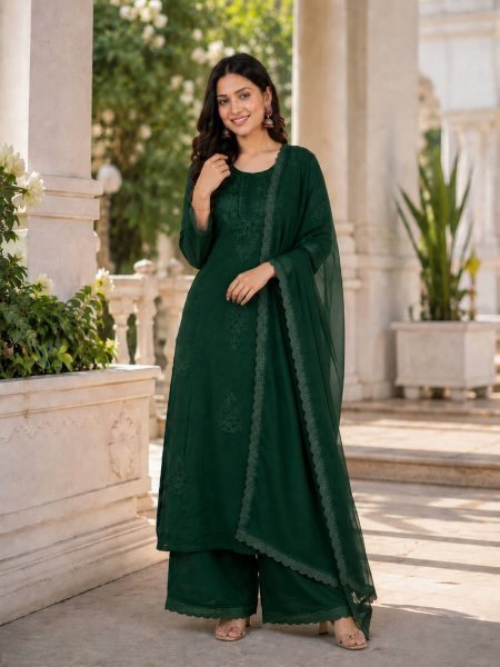 Captivating Green Women s Fox Blooming Georgette Top Palazzo Set Plain With Border Lace Ready To Wear Collection