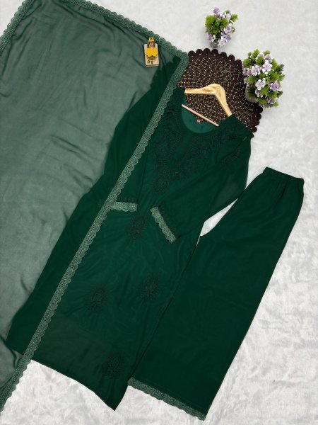 Captivating Green Women s Fox Blooming Georgette Top Palazzo Set Plain With Border Lace Ready To Wear Collection