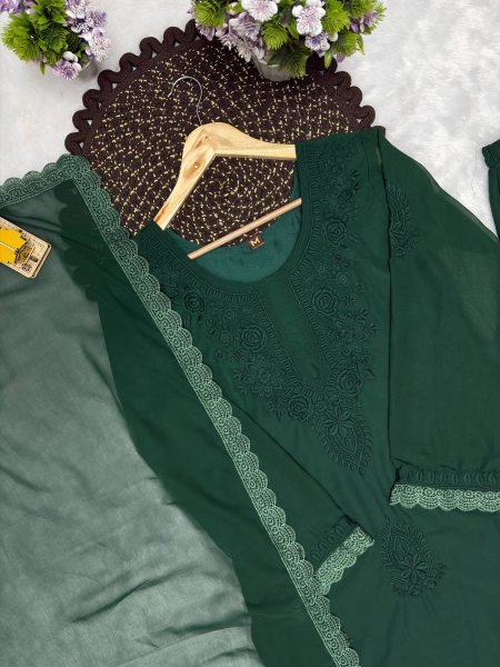 Captivating Green Women s Fox Blooming Georgette Top Palazzo Set Plain With Border Lace Ready To Wear Collection